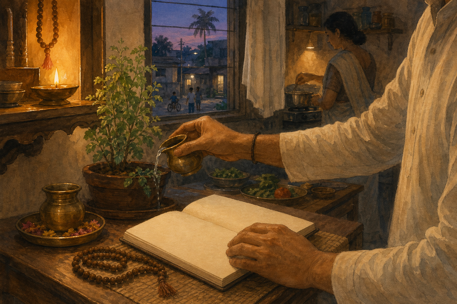 A returned pilgrim waters a tulasi plant and arranges a brass vessel, flower petals, prayer beads, and a blank notebook on a clean shelf at home.