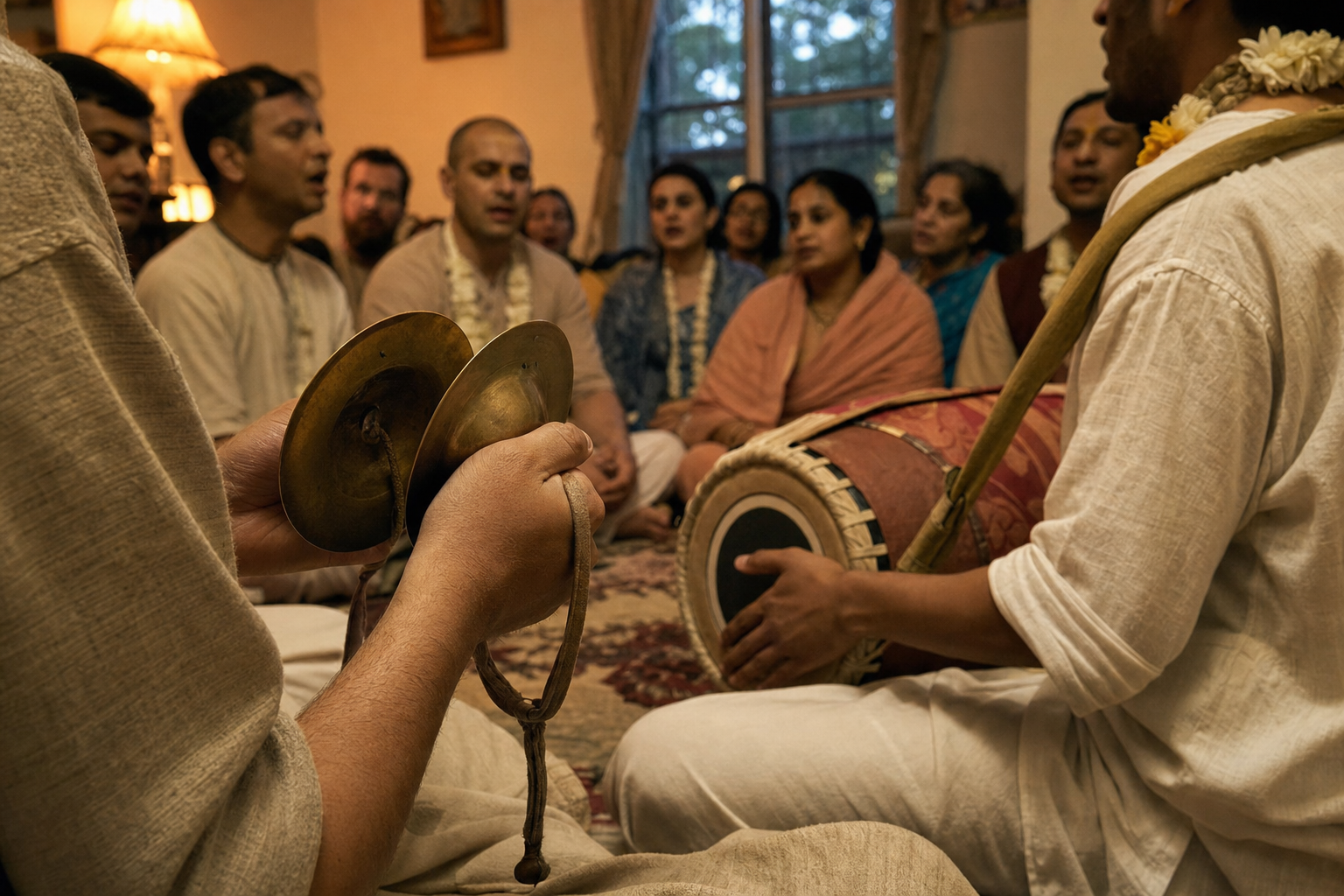 Hands play brass cymbals and a mridanga as seated worshippers listen and sing during a small congregational kirtan.