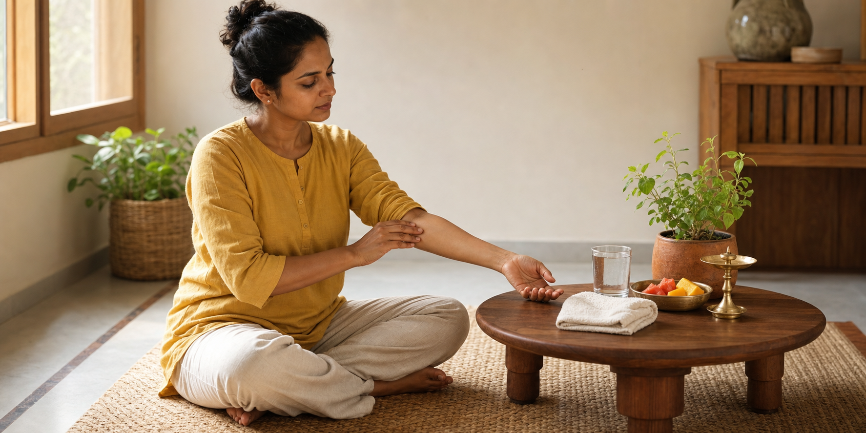 An adult sits on a woven mat in morning light and gently presses their forearm beside a warm compress, water, fruit, and a tulsi plant.