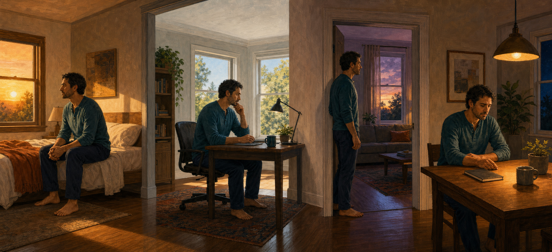 The same person practices brief pauses at sunrise, during desk work, before entering a room, and while reflecting in the evening.