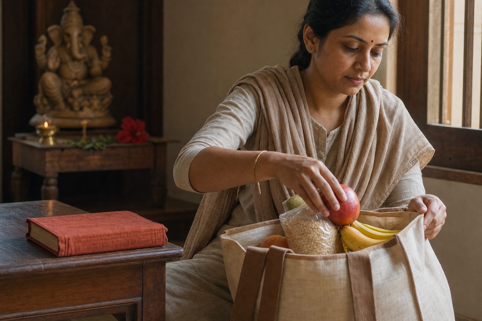A devotee beside a small Ganesha shrine packs fruit and groceries into a cloth bag, with a closed cloth-bound book nearby.