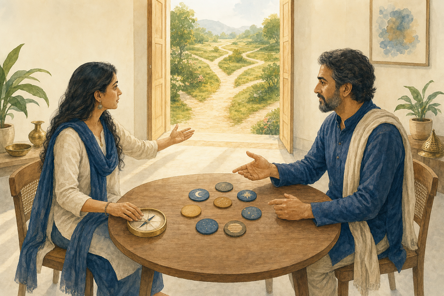 A seeker and guide sit as equals at a round table while the seeker holds a compass beside an open doorway to several paths.