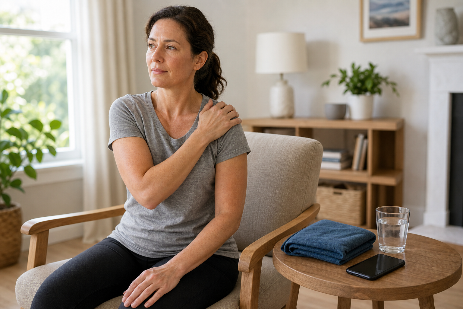An adult pauses with one hand resting lightly on their shoulder while a warm pack, water, and a phone sit on a nearby table.