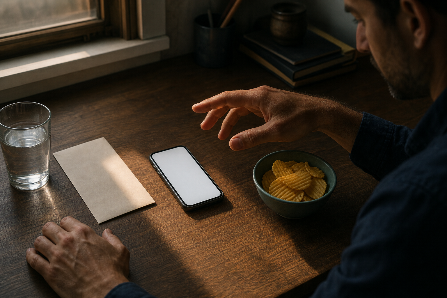 A person's hand pauses above a phone and snack at a desk while a glass of water and an envelope sit nearby.