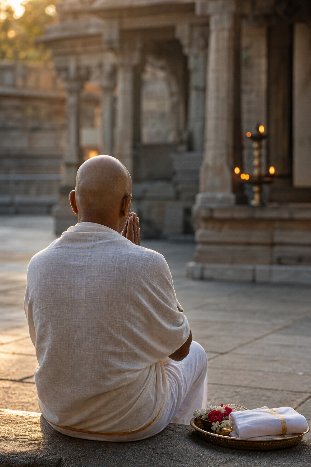 A freshly tonsured Hindu devotee stands with folded hands in a softly lit temple courtyard beside flowers and a brass offering plate.