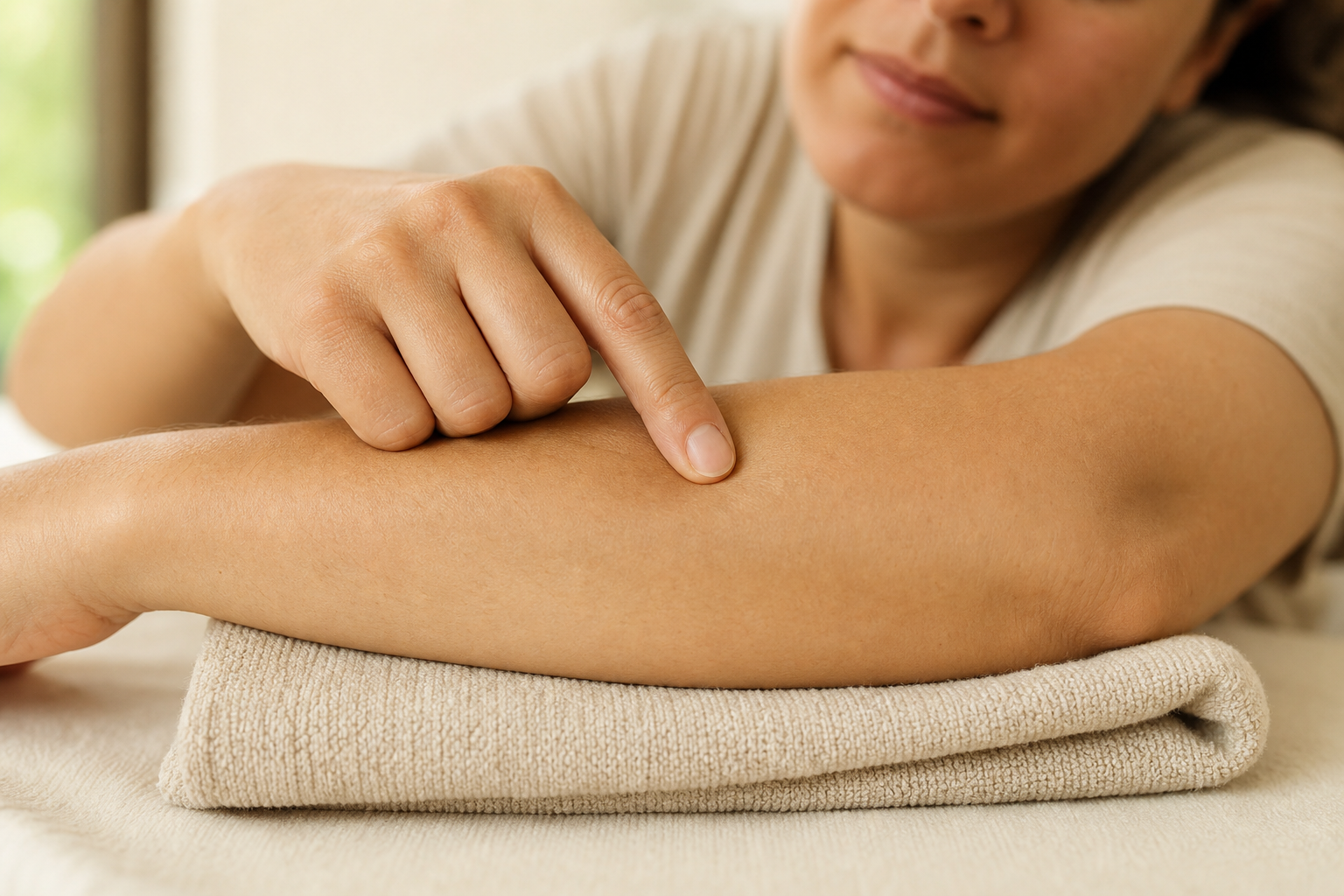 A person supports a relaxed forearm on a folded towel while applying gentle pressure with one fingertip.