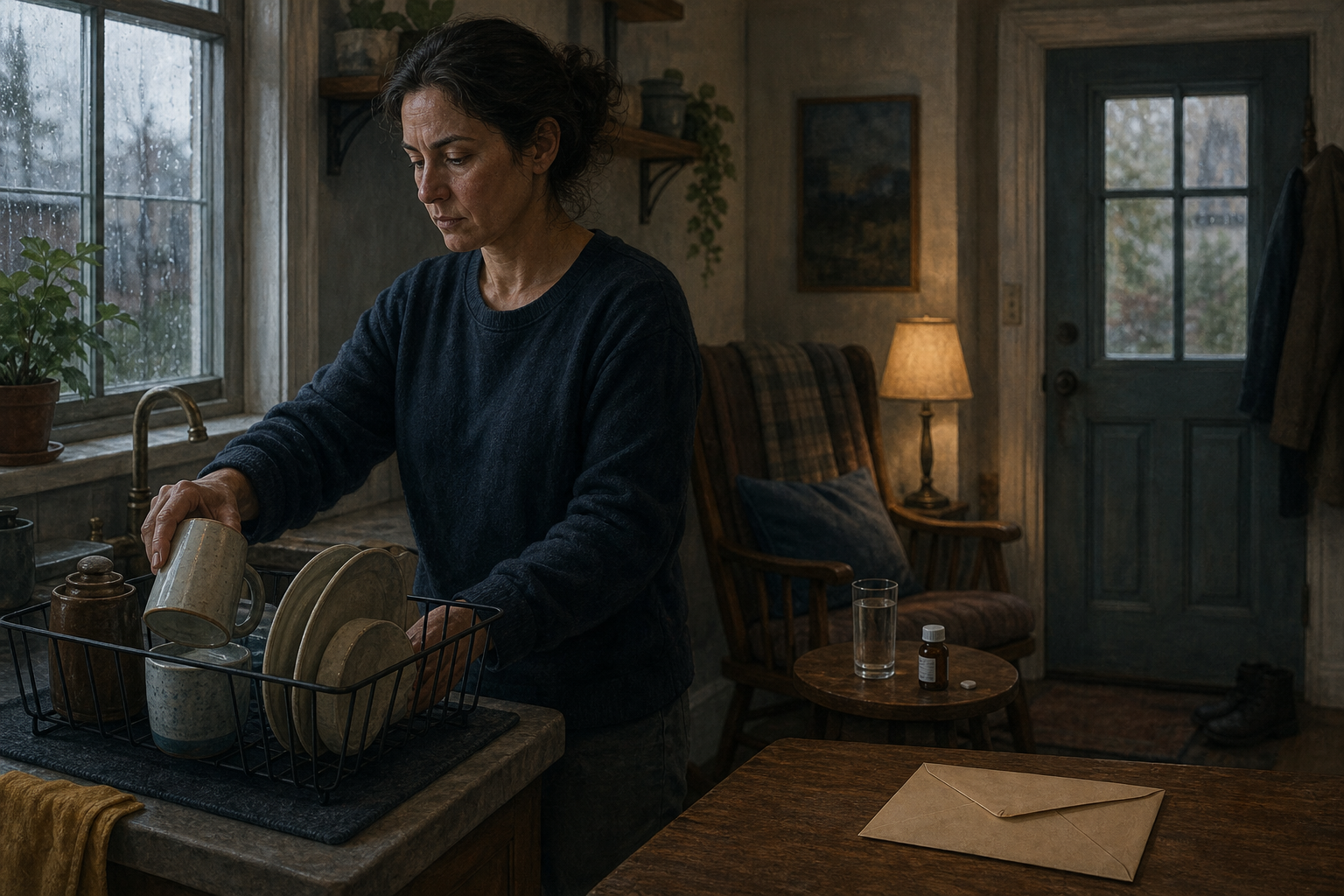 A tired-looking person tidies a cup, prepares medicine and water, and places a sealed envelope by the door on a rainy morning.