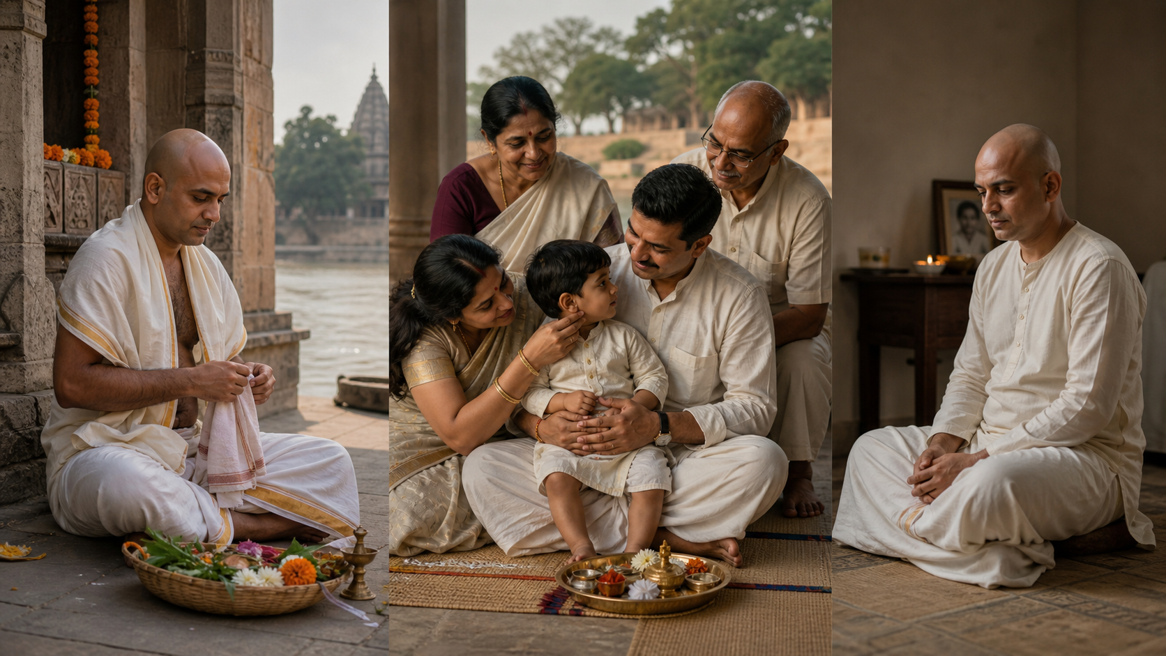 Three adjacent scenes show an adult preparing for temple tonsure, a child with family before a first-hair rite, and a shaved family member during mourning.