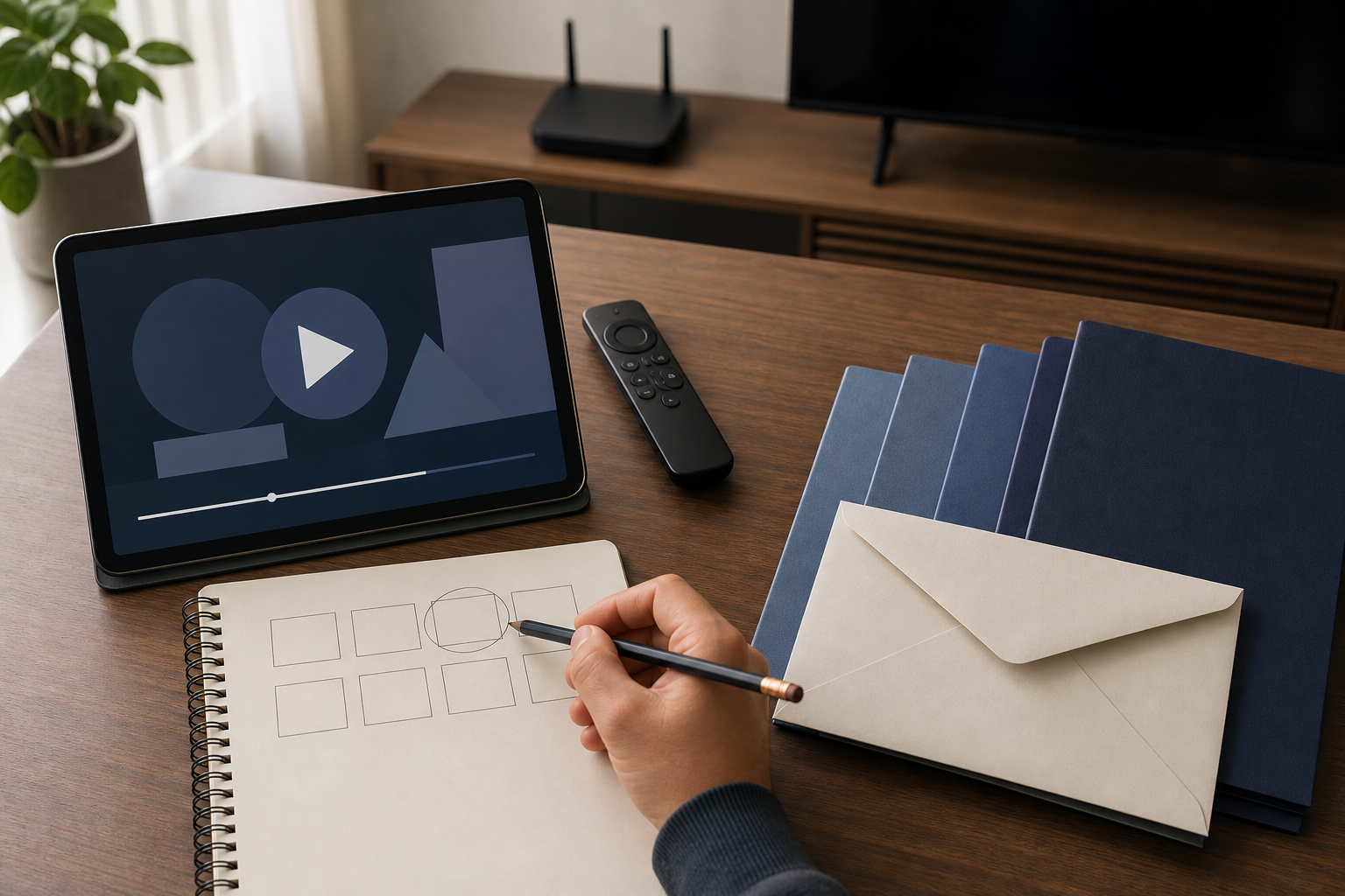 A hand documents a paused video at a desk with a remote, tablet, blank notebook, envelope, and stacked folders.