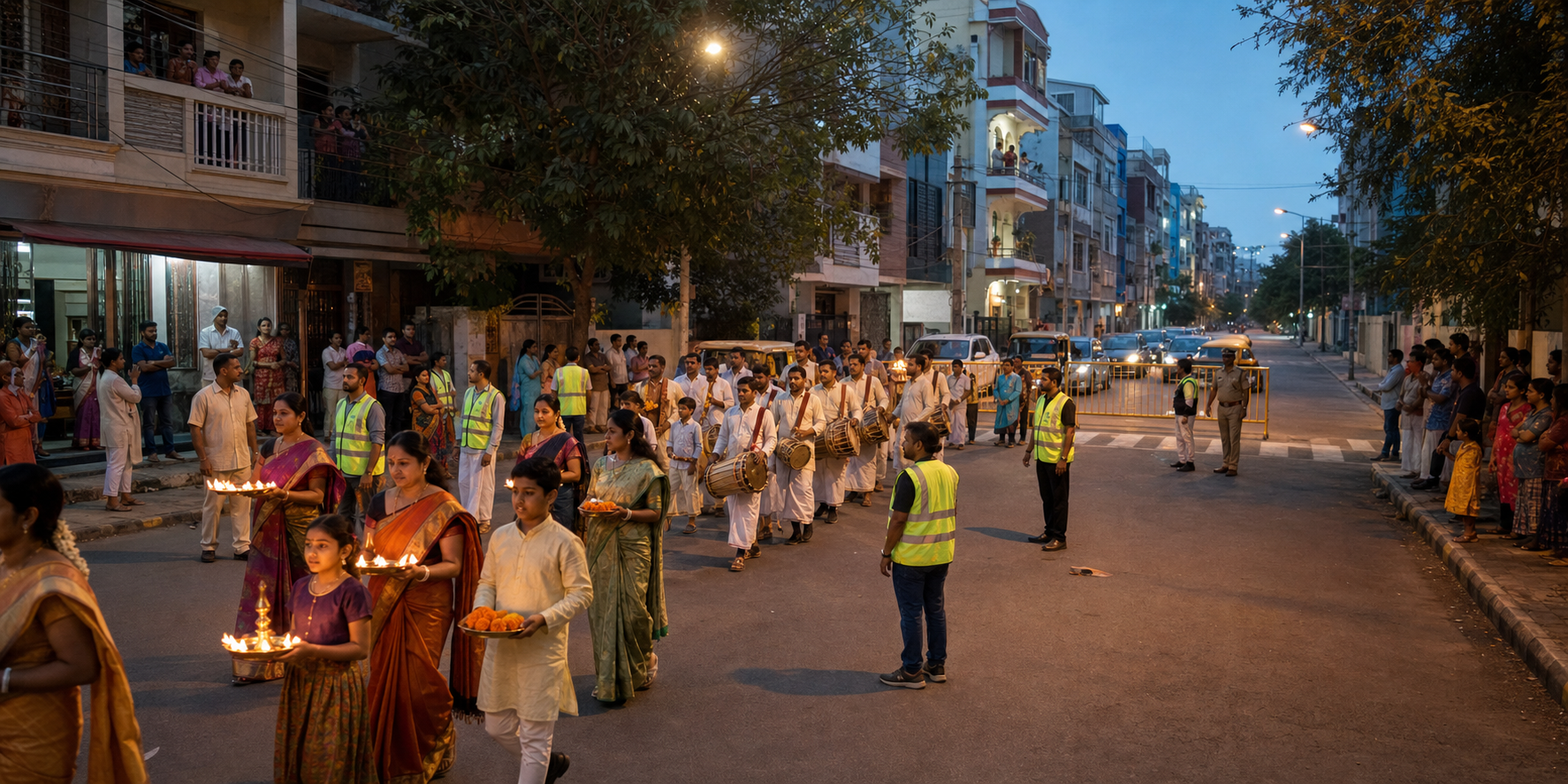A Hindu religious procession proceeds calmly through a neighborhood while volunteers and civic safety officers keep an exit route clear.
