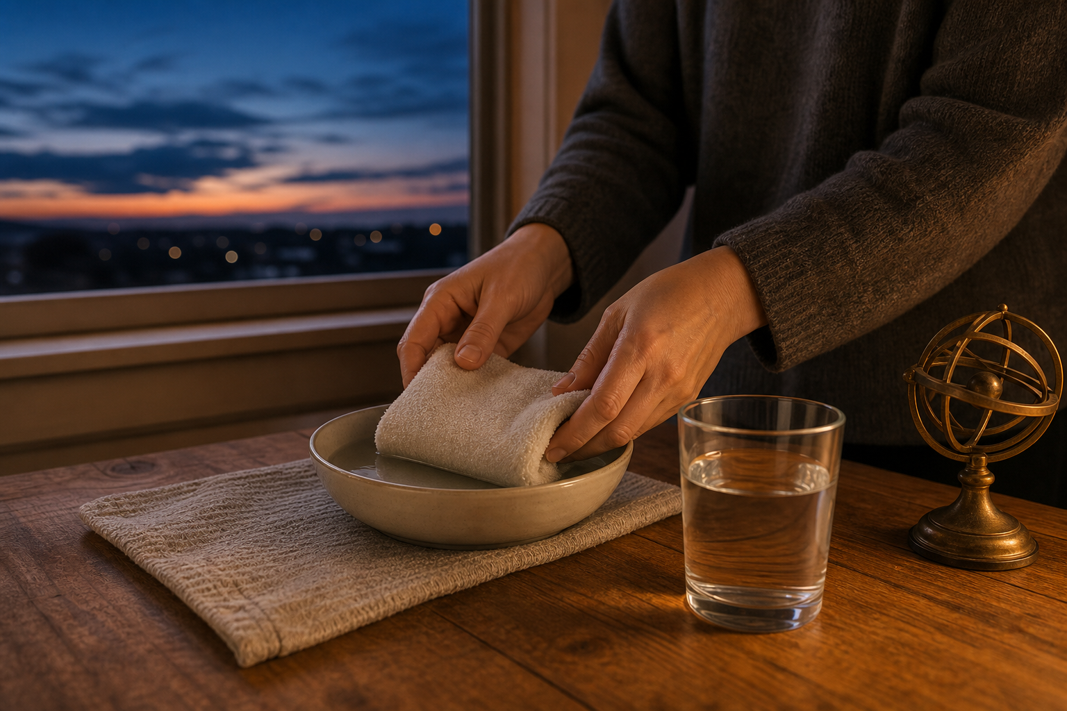An adult prepares a warm compress and water near a window at dusk, with a small brass armillary sphere set to one side.