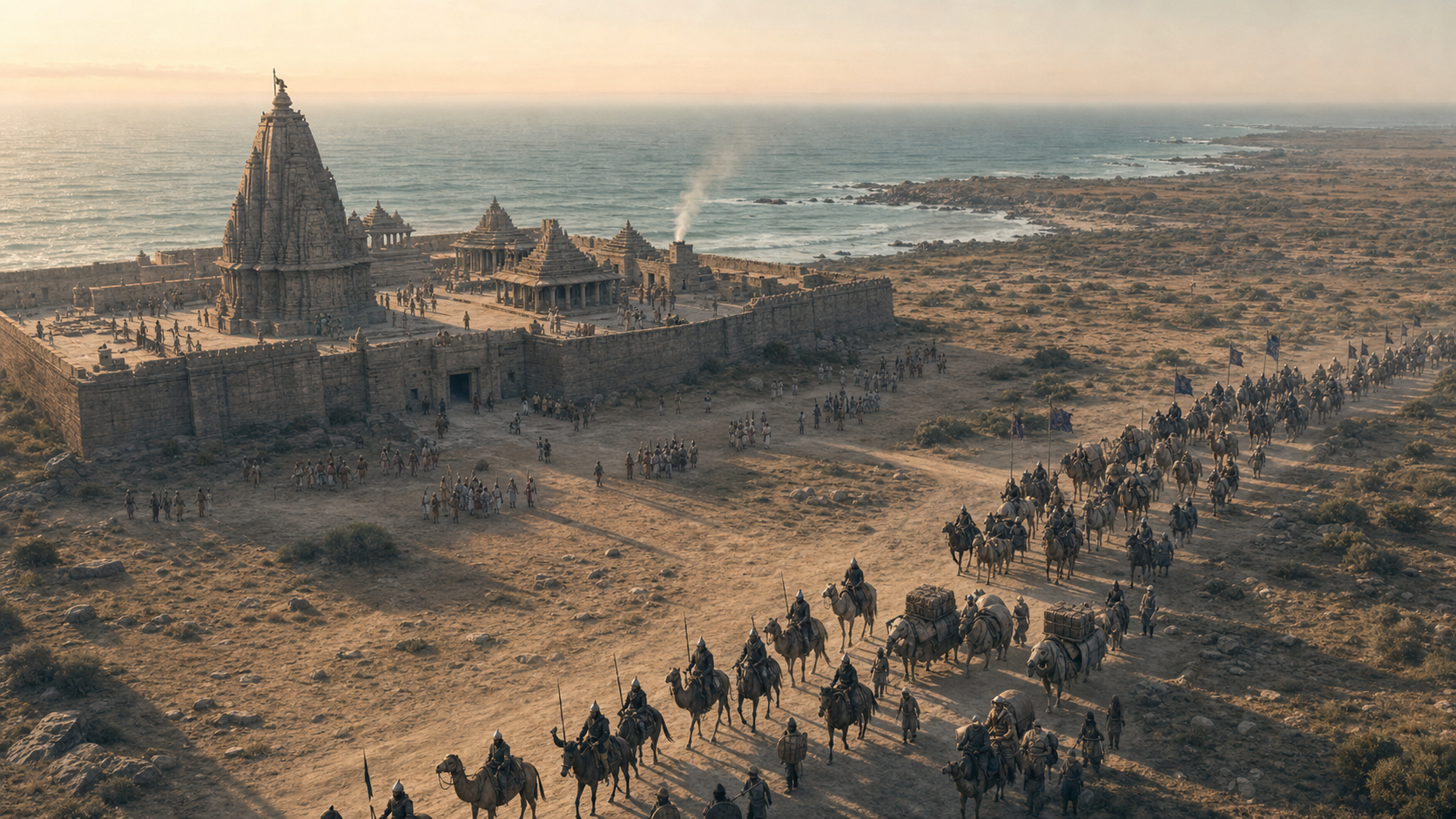 An organized medieval army approaches a large stone temple complex on the coast beside the Arabian Sea at dawn.