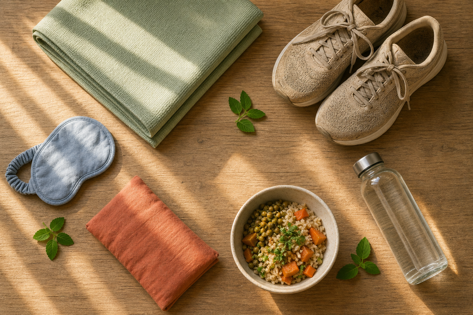 A movement mat, walking shoes, water, food, warm compress, sleep mask, and tulsi leaves are arranged on a wooden surface.