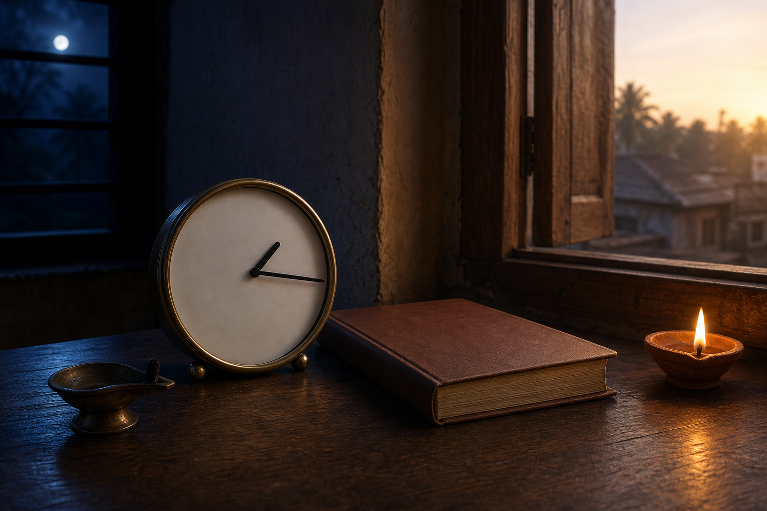 An unmarked analog clock showing about 1:17 beside a blank almanac, with blue night light transitioning into warm dawn.