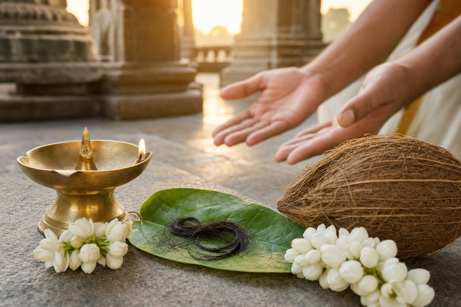 A lock of hair rests on a green leaf beside jasmine flowers, a coconut, and a brass lamp in a temple setting.