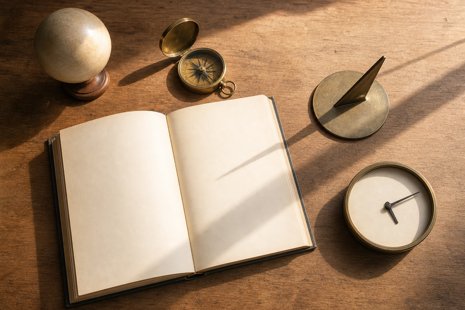 A blank almanac beside a compass, an unlabeled globe, a sundial, and an unmarked clock in morning light.