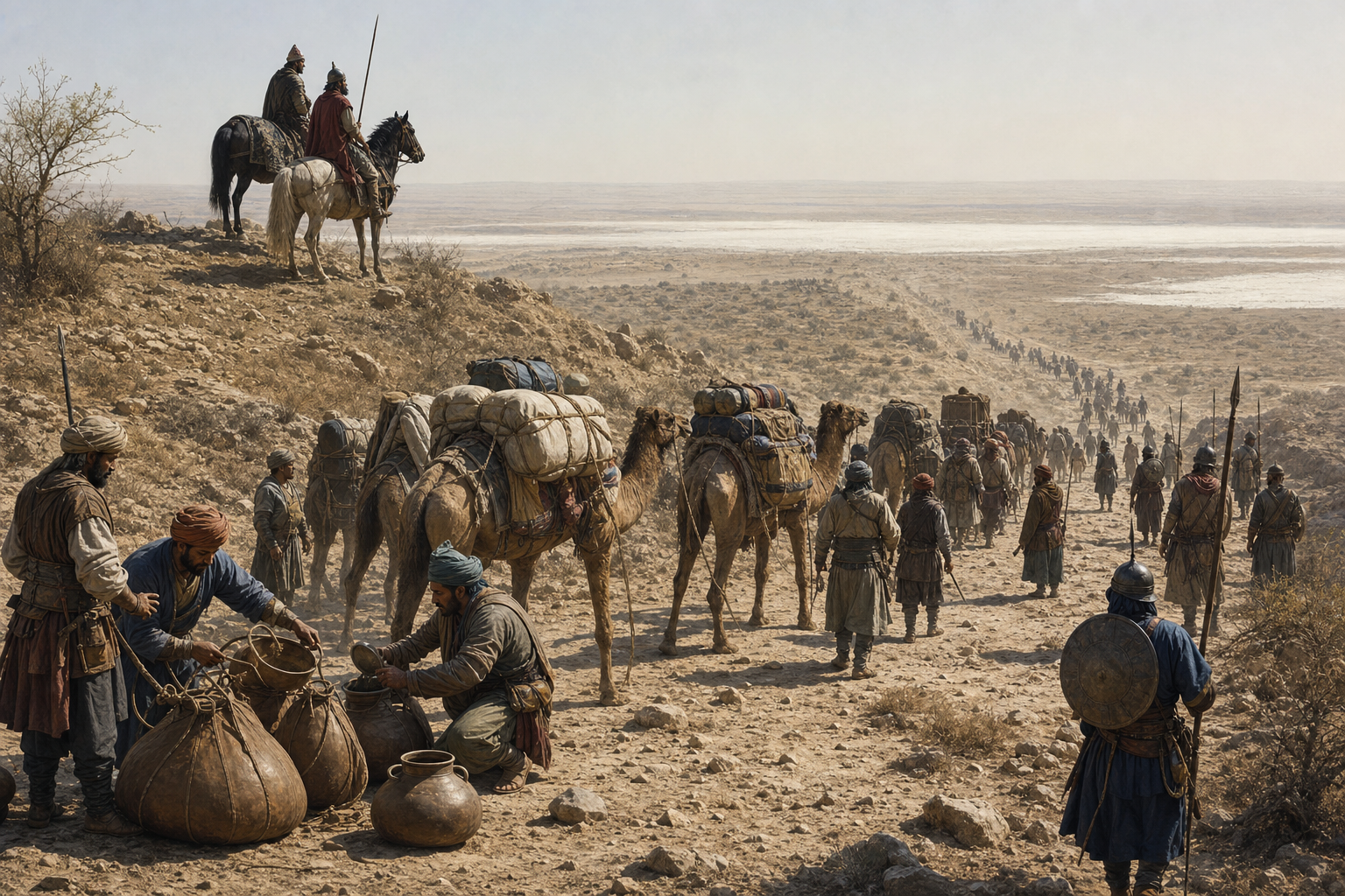 Mounted scouts, soldiers, pack camels, and water carriers form a medieval supply column across an arid western Indian landscape.