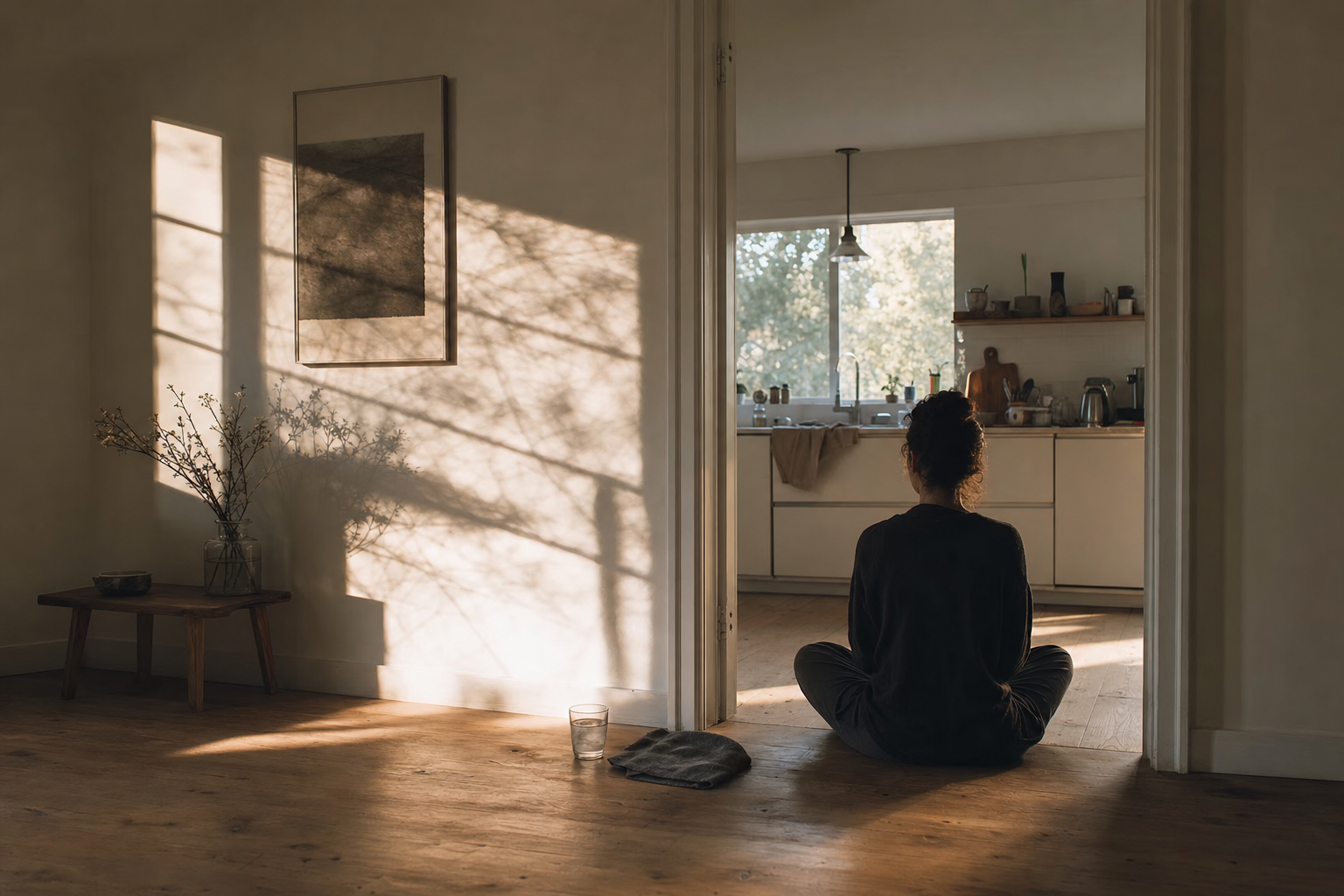 A person meditates in a quiet room at dawn while an open doorway reveals an ordinary kitchen beyond.