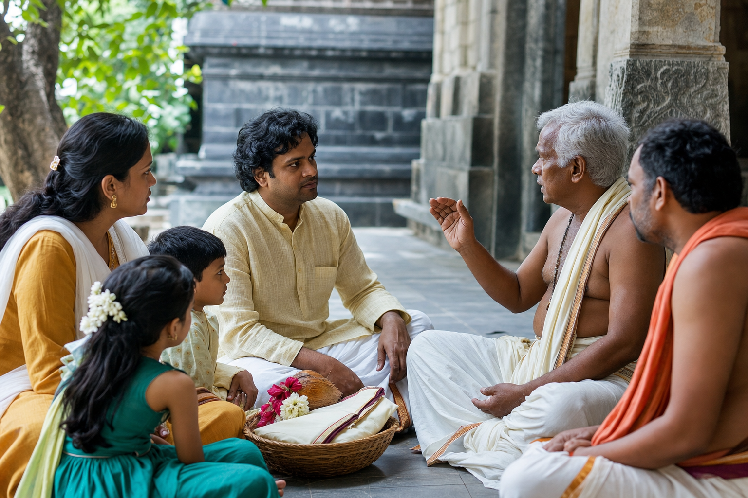A devotee and family speak with an elder and temple attendant in a courtyard before a planned tonsure.