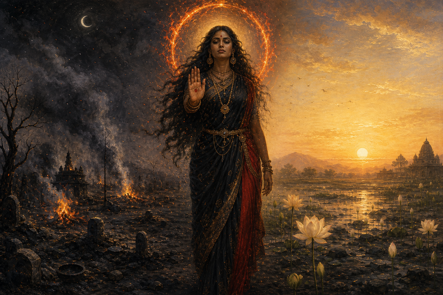 A steady feminine silhouette stands between an ash-dark night landscape and a golden dawn, with an open hand, ember halo, bare branches, and emerging lotus shoots.