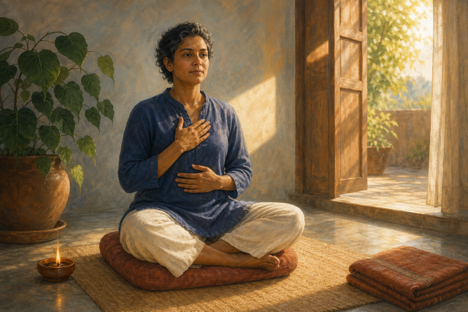 An adult sits on a cushion with one hand on the chest and one on the lower ribs in a softly lit room with an open doorway, clay lamp, folded blanket, and green plant.