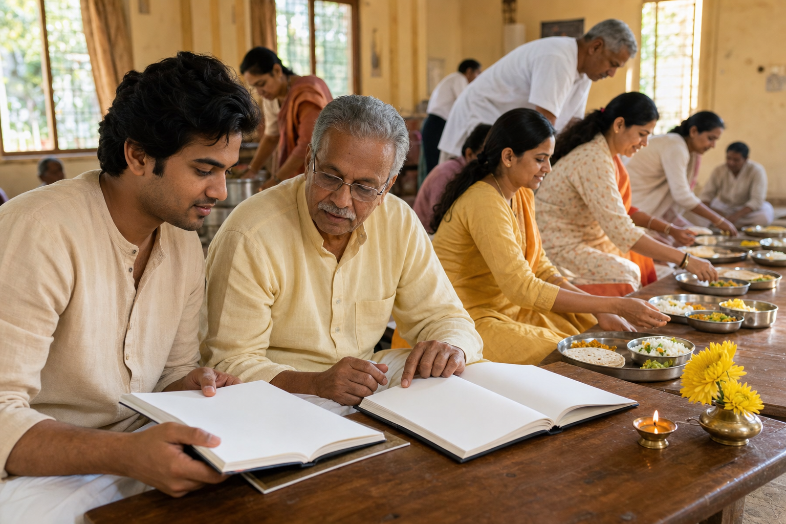 Two adults study together at a low table while volunteers prepare vegetarian meals for community service in a sunlit hall.