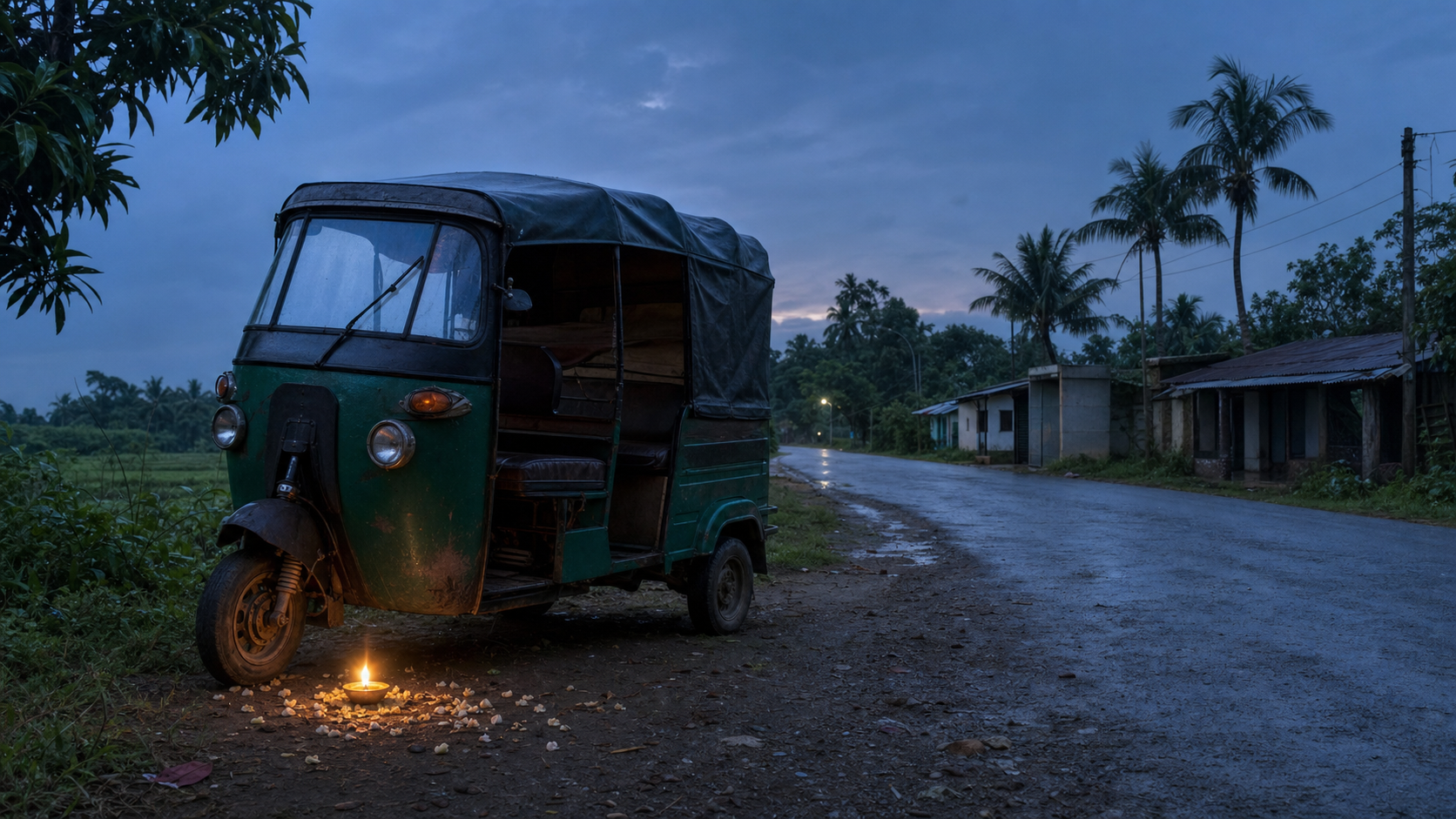 An empty auto-rickshaw stands beside a quiet road at dusk with a small oil lamp and flower petals near its front wheel.