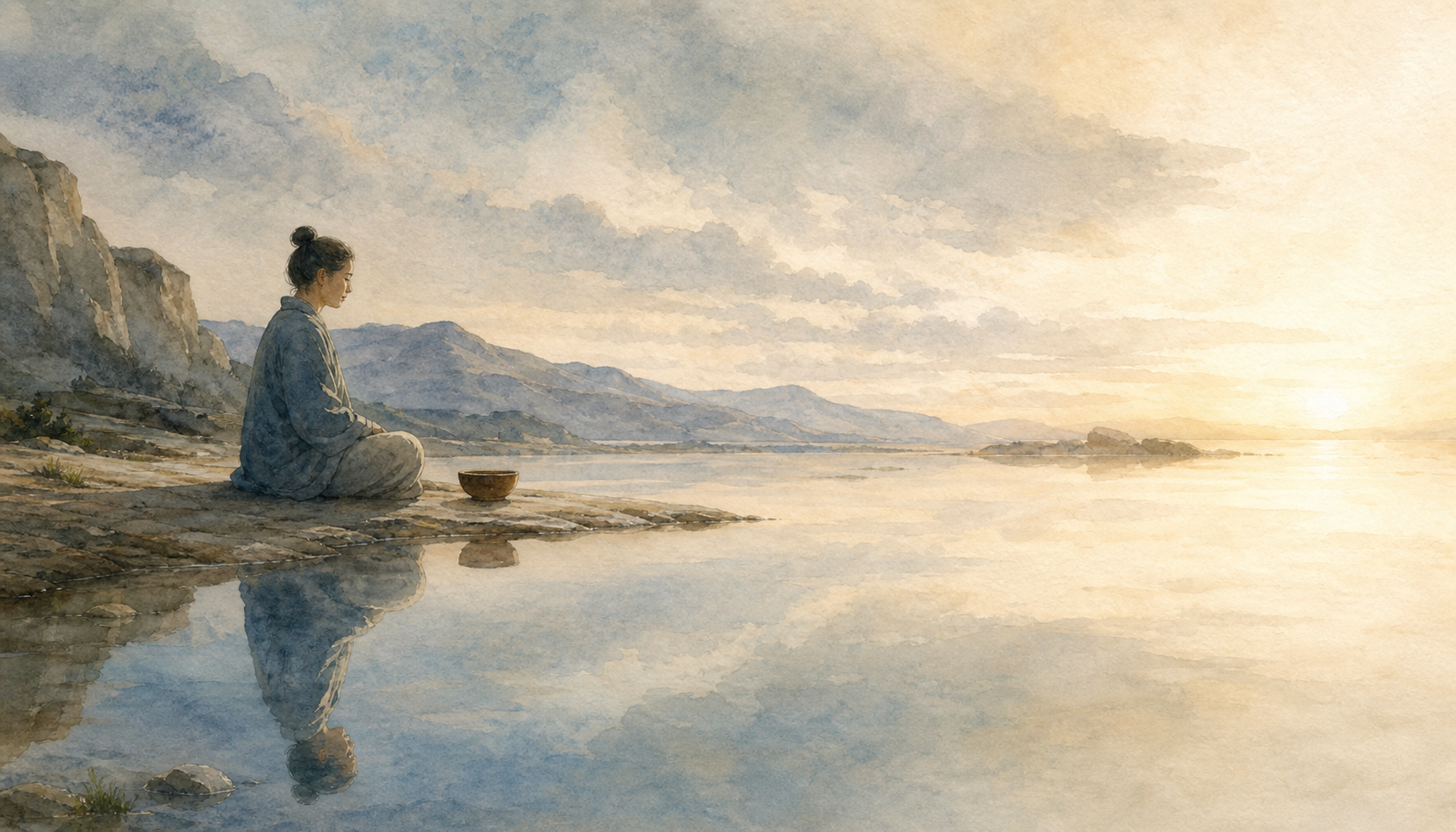 A seamless illustration moves from a meditator observing a bowl, to seeing a reflection, to resting within an open landscape.