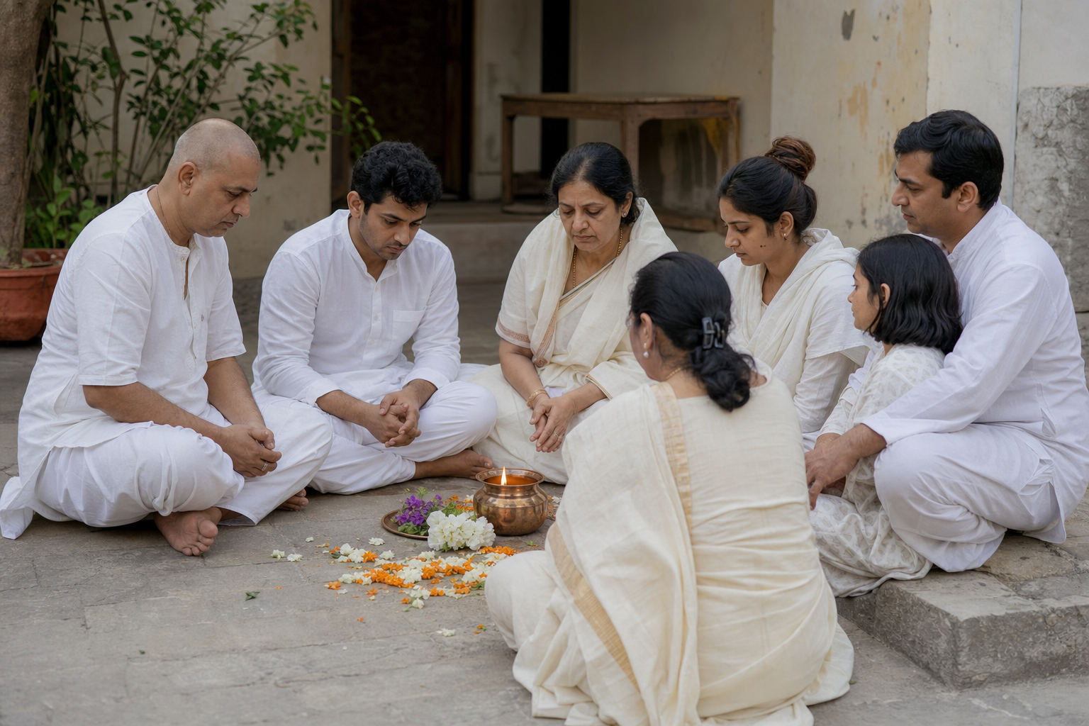 A family gathers for a subdued mourning observance while one adult relative has a recently shaved head.