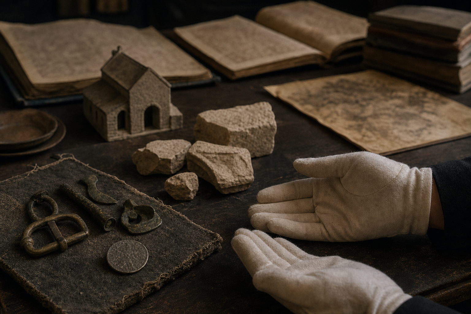 Coins, stone fragments, military fittings, and manuscripts of different ages are arranged on an archival table under careful light.