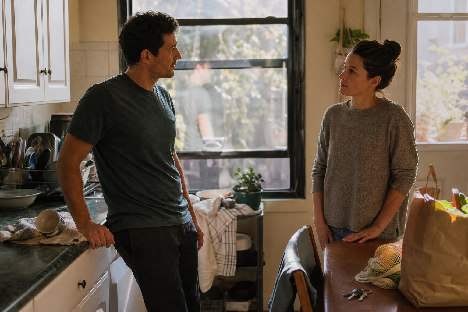 Two adults pause and listen during a tense conversation in a kitchen with groceries and unfinished chores around them.