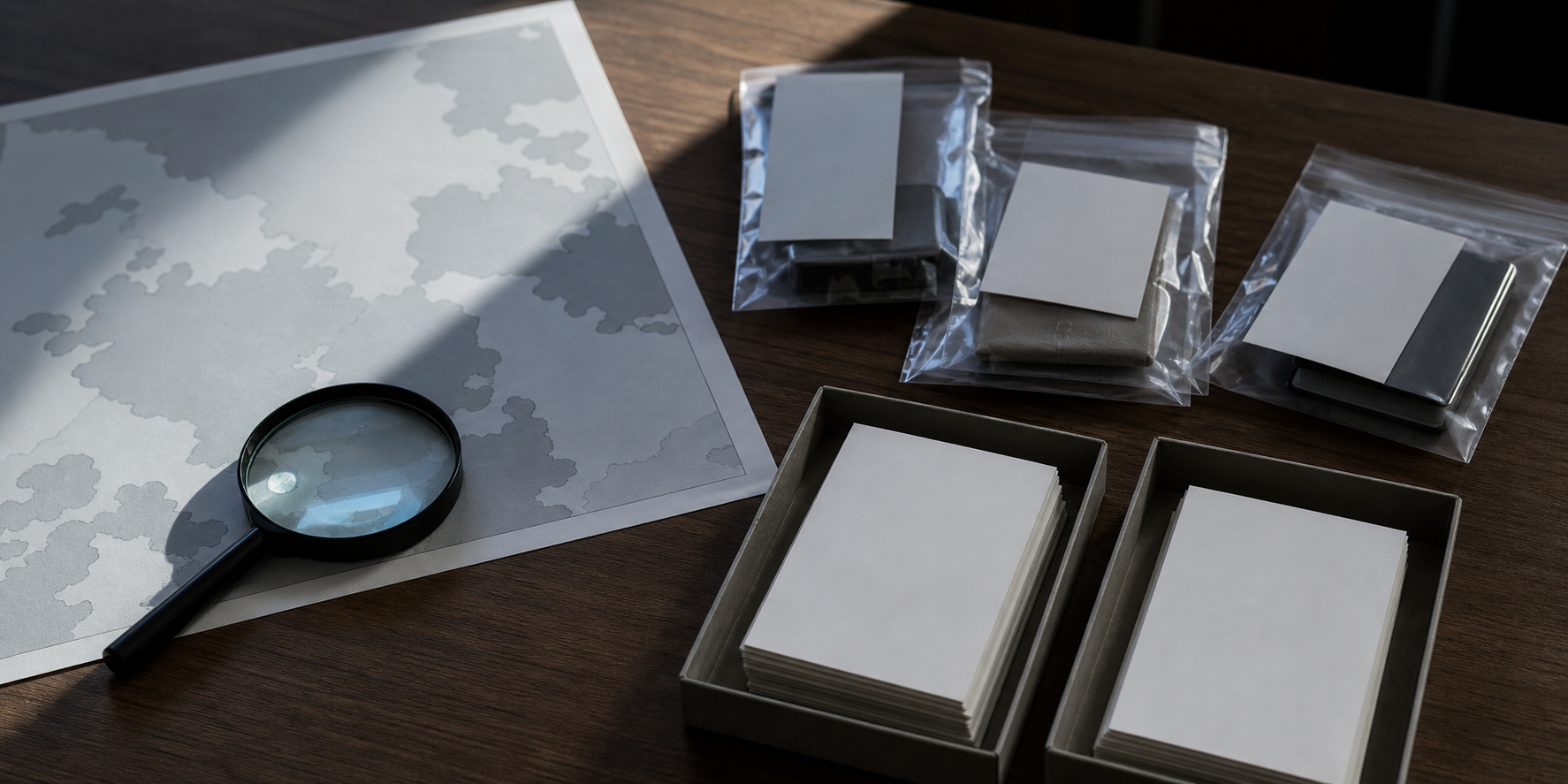 A magnifying glass, an unlabeled map, evidence sleeves and two trays of blank cards sit on a partially lit wooden desk.