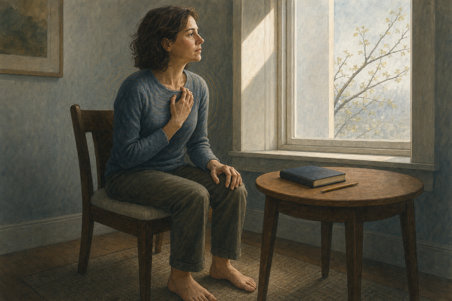 A reflective adult sits beside a closed journal while holding tension in the shoulders and hands, with both feet grounded near a window.