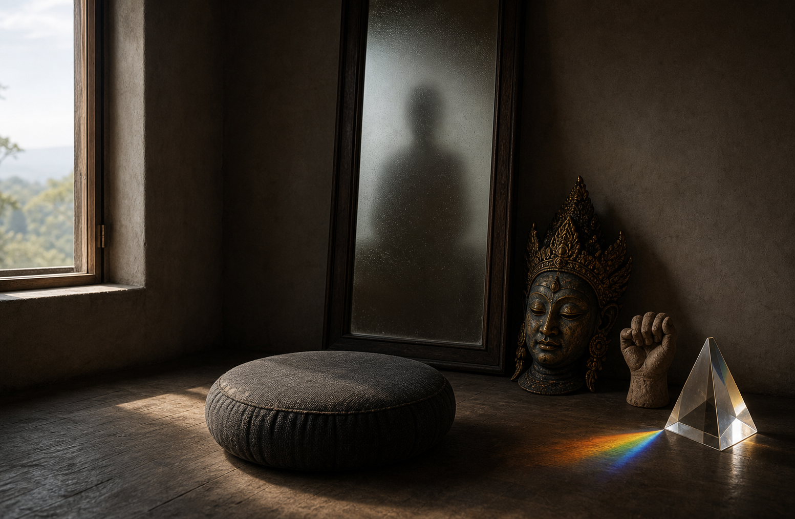 A meditation cushion faces a fogged mirror beside a ceremonial mask, a clenched clay hand, and a prism casting colored light.