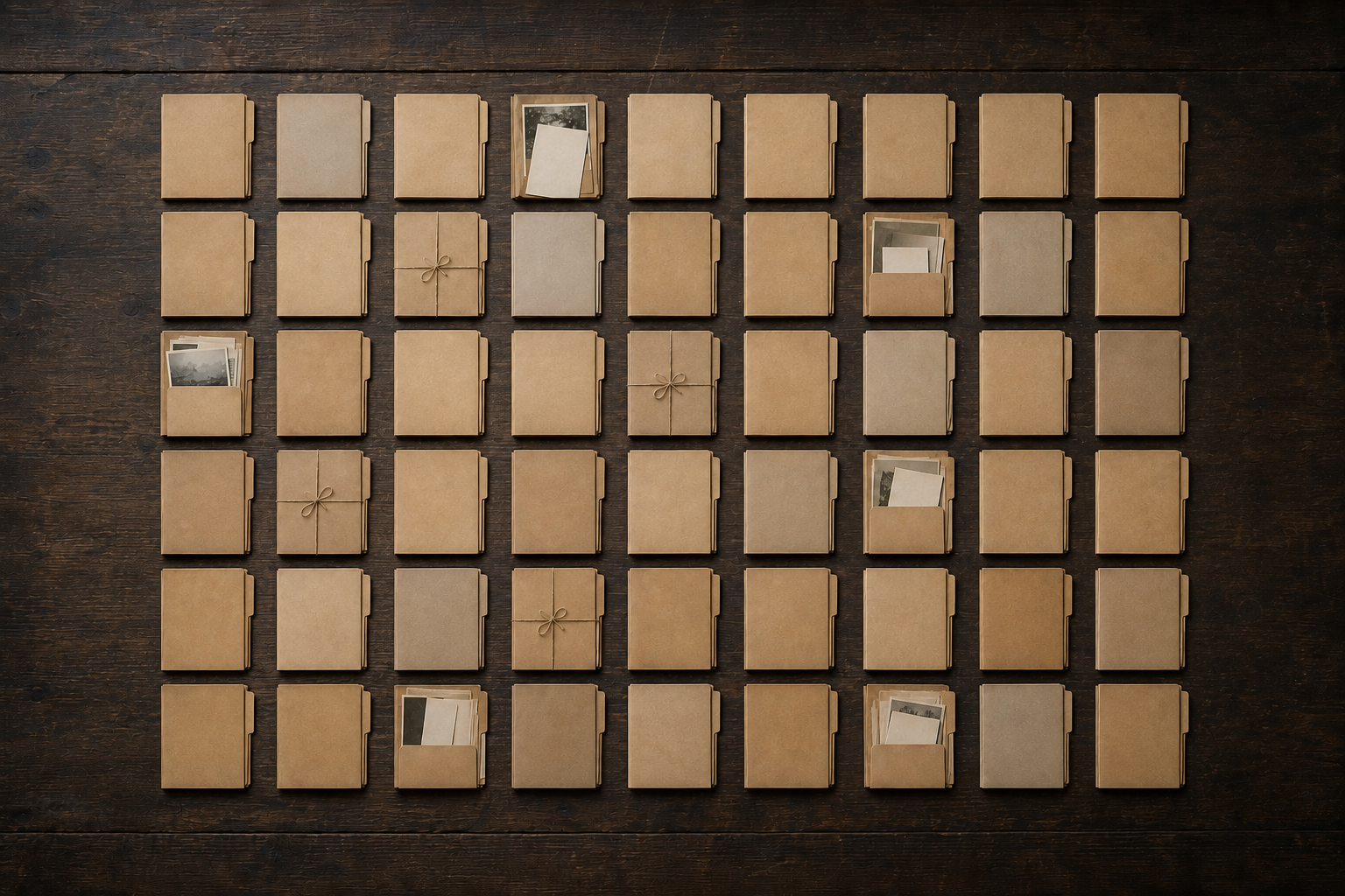 Fifty-four unmarked archival case folders are arranged in six rows of nine, with a few open to reveal photographs and aged papers.