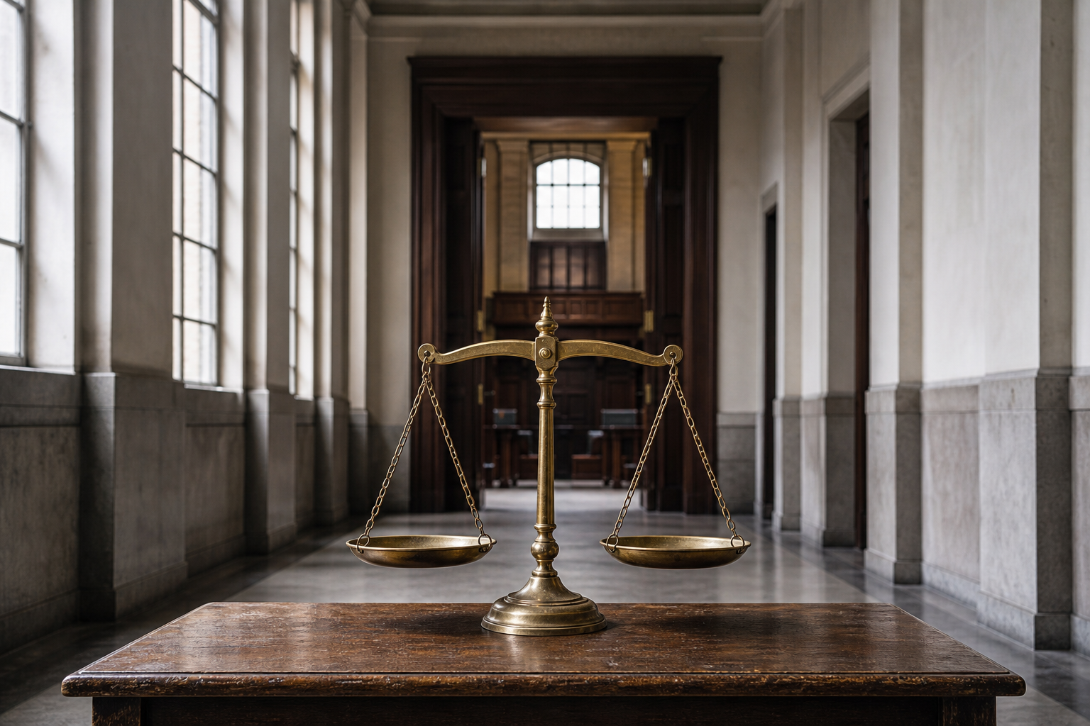 A balanced brass scale rests on a courthouse table as morning light enters a long, empty corridor.