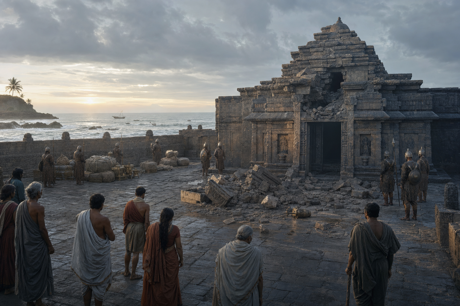 People stand in silence outside a breached coastal stone sanctuary while soldiers guard the damaged precinct and bundled valuables.