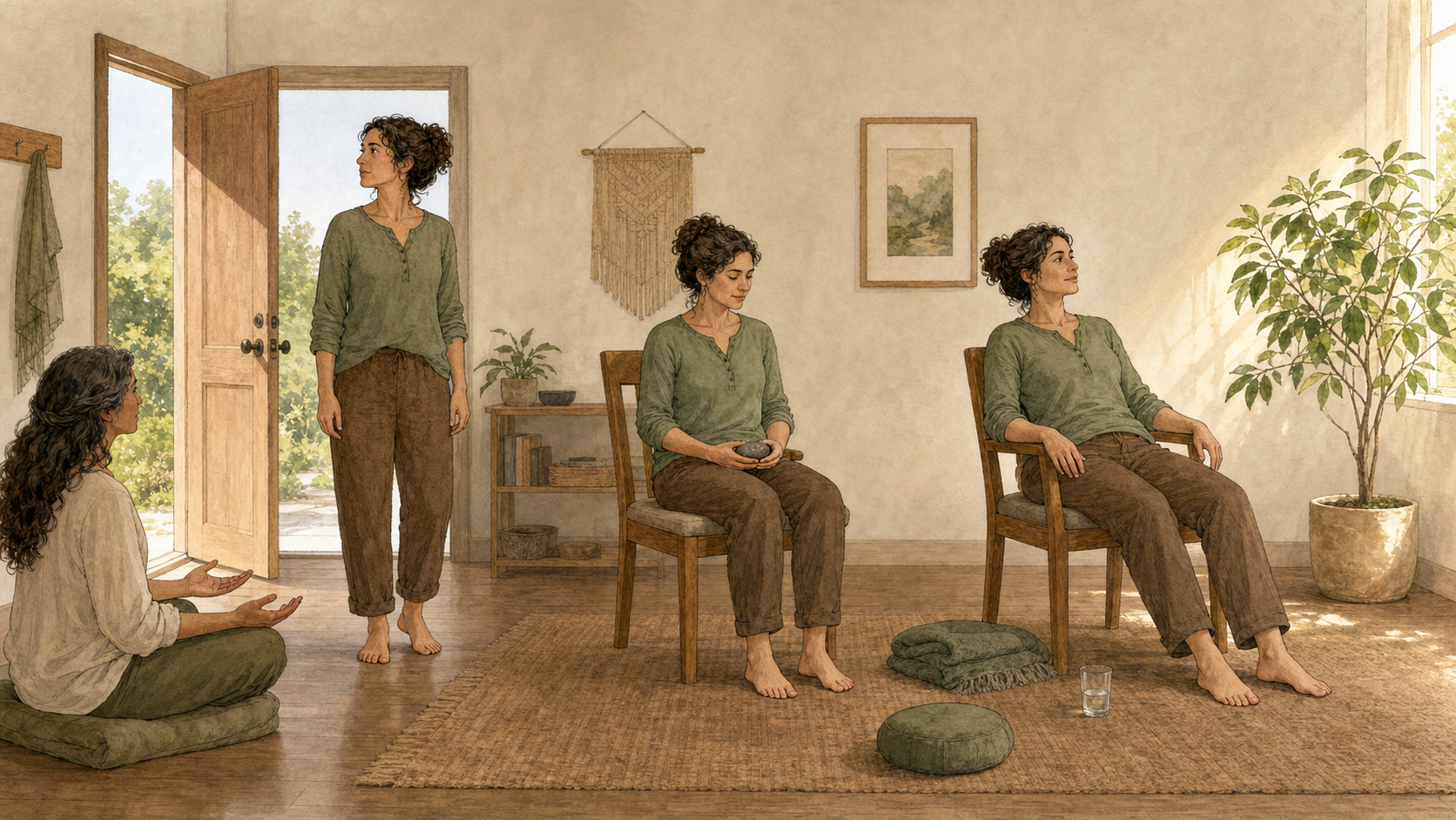 Three moments show an adult looking around a room, sitting with grounded feet and a stone, and resting near a plant while a facilitator remains at a respectful distance.