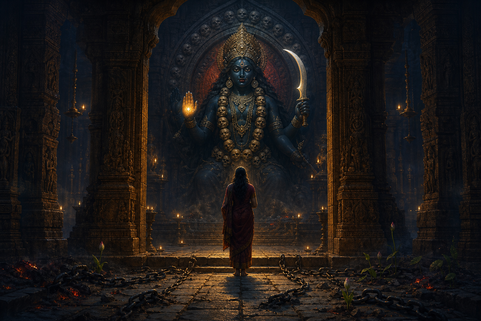 A seeker stands before a fierce dark Goddess in a lamp-lit stone sanctuary, with broken chains and lotus shoots along the path to the shrine.