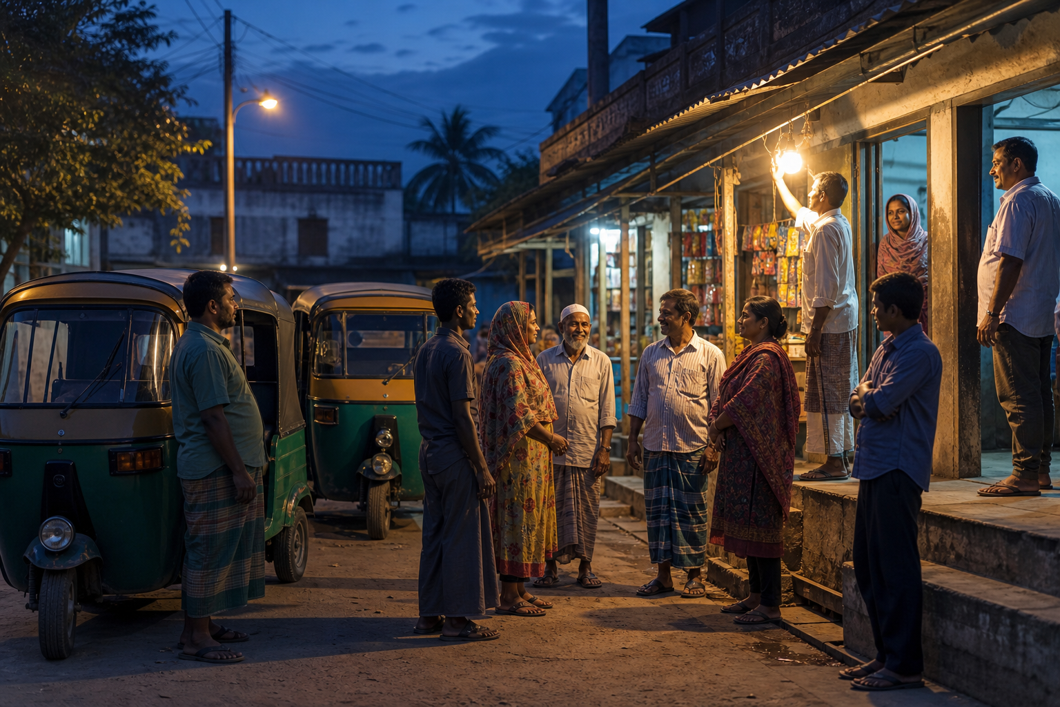 Residents gather calmly around a brightly lit neighborhood auto-rickshaw stand before dawn while nearby doorways remain open.