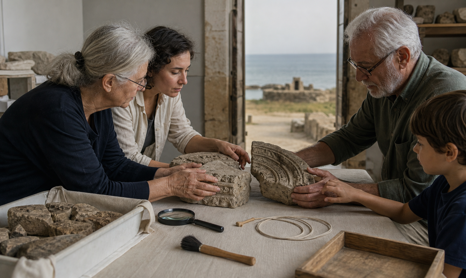 Hands from different generations carefully examine and conserve incomplete carved stone fragments on a table overlooking the sea.