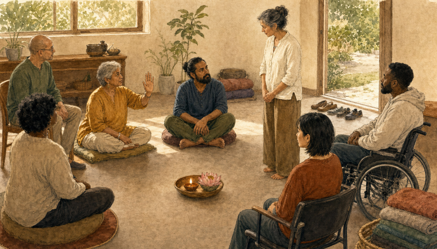 A diverse group practices in a circle using chairs, a cushion, and standing space while one participant signals a pause and the facilitator gives them room.