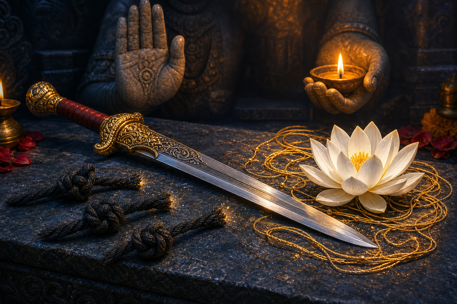 A ceremonial sword lies beside severed dark cords that become golden threads around a white lotus, with protective divine hands in the background.