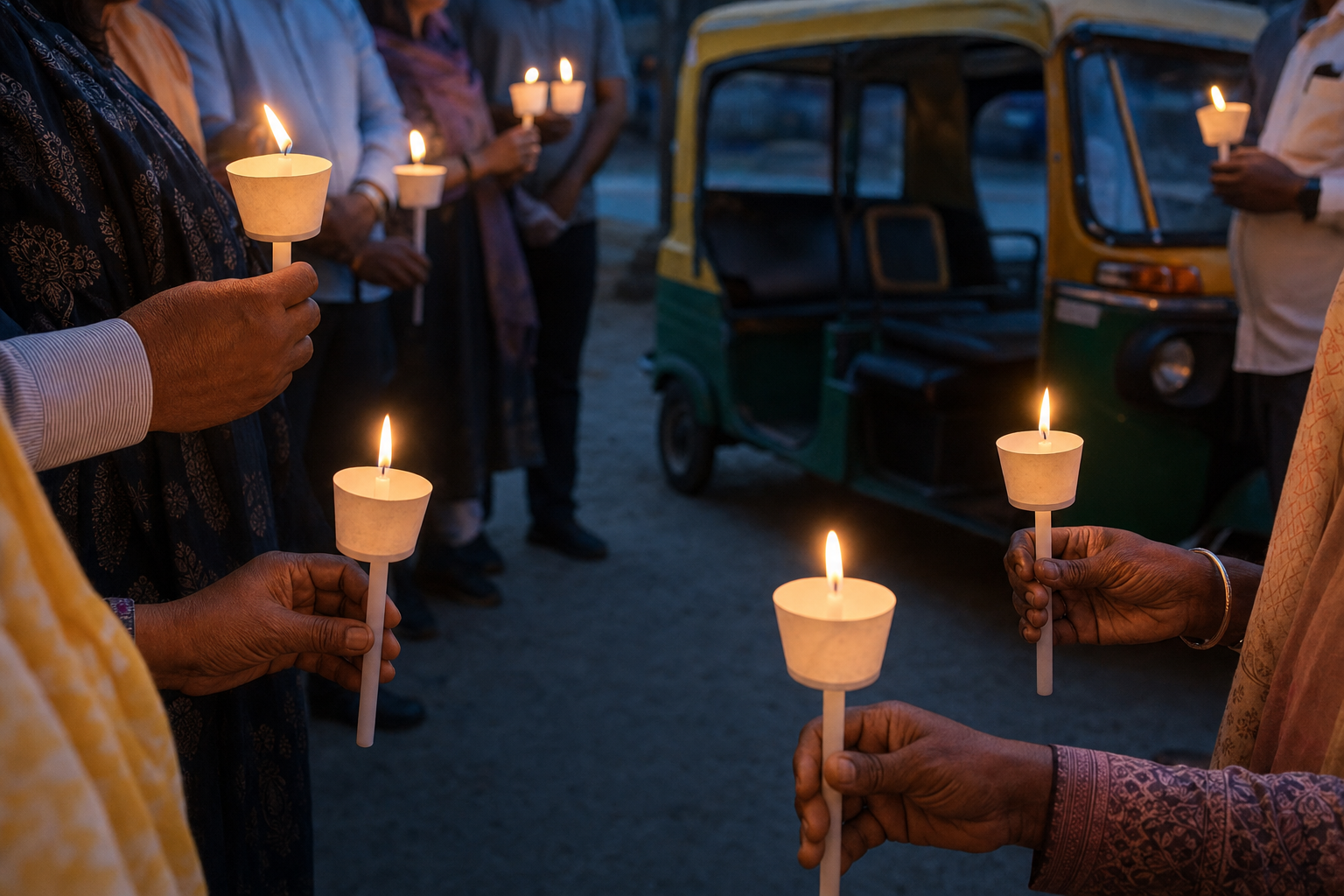 People hold candles at an evening vigil while an empty auto-rickshaw and a small silent gathering appear in the background.