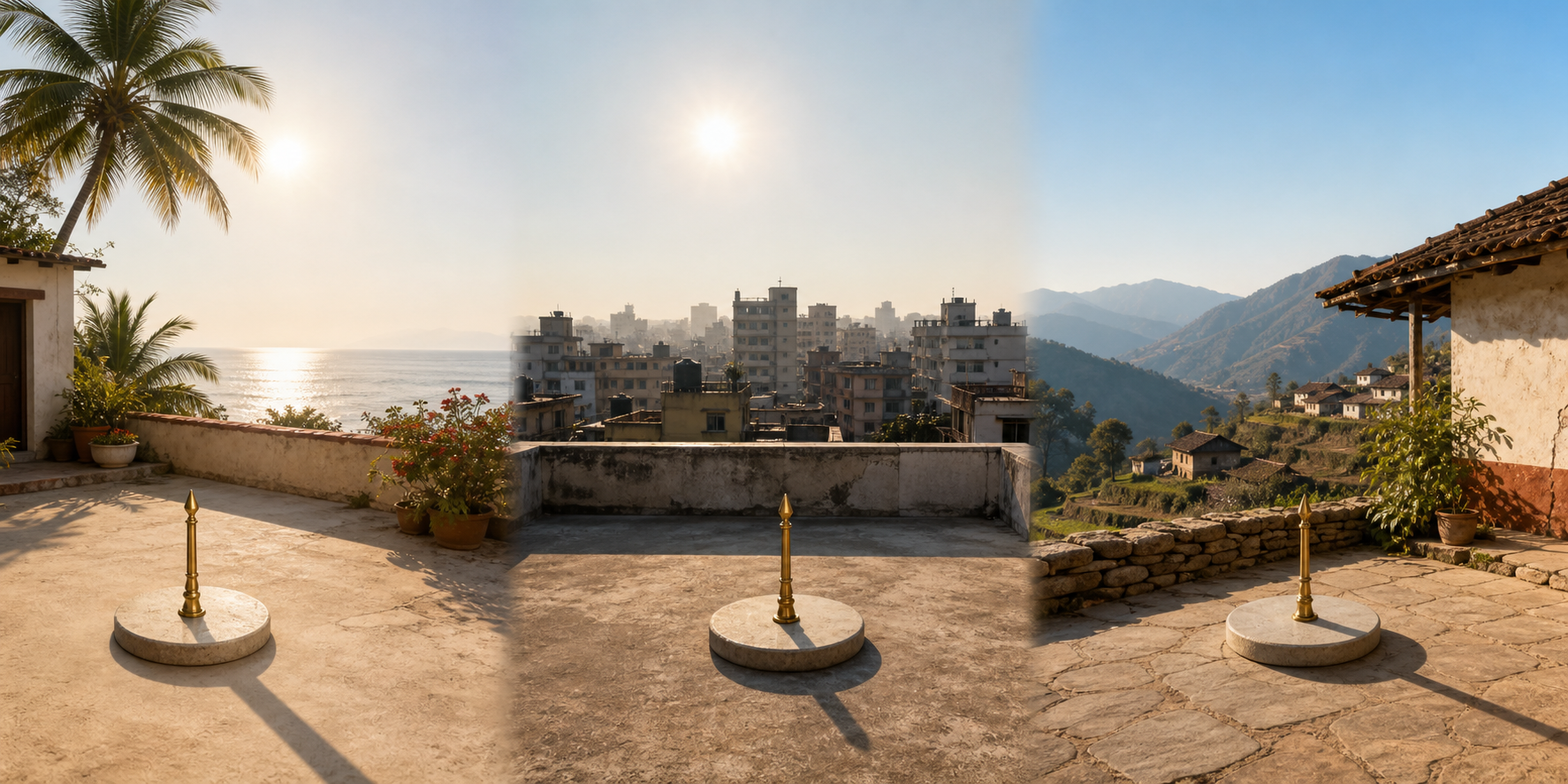 Brass gnomons cast different shadows in a coastal courtyard, on a city rooftop, and on a mountain village terrace.