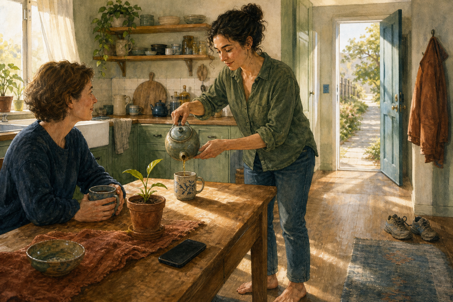 An adult pours tea in a morning kitchen for themself and a seated friend, with a face-down phone, open curtain, plant, and walking shoes nearby.