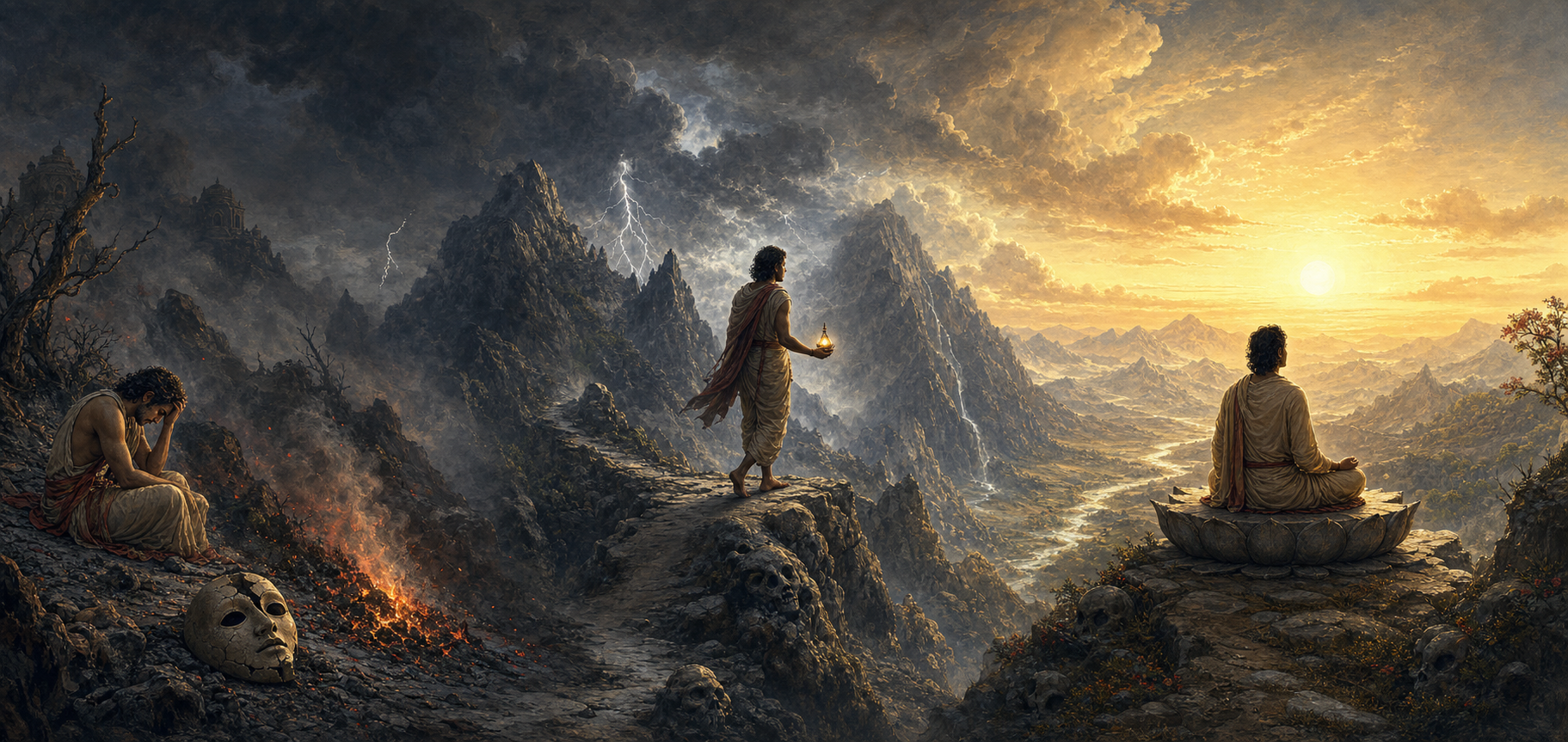 A panoramic scene shows an extinguished fire, a pilgrim crossing a stormy mountain pass, and the pilgrim seated calmly at sunrise.