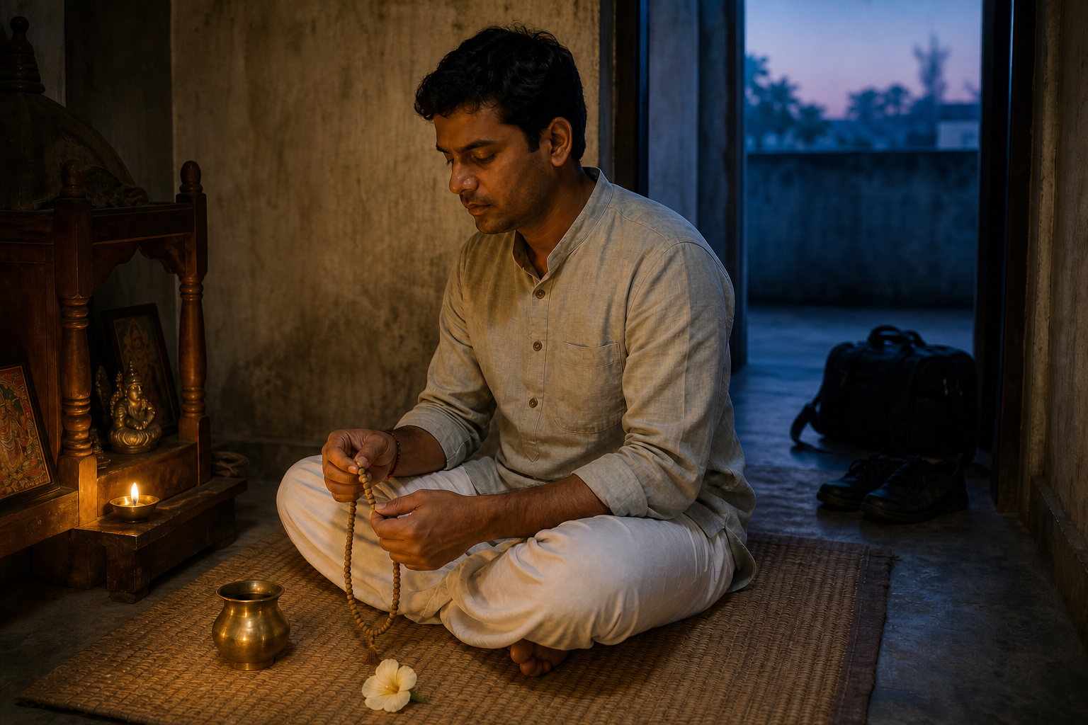 A person practices japa on a woven mat before dawn, with a work bag and shoes waiting near the doorway.