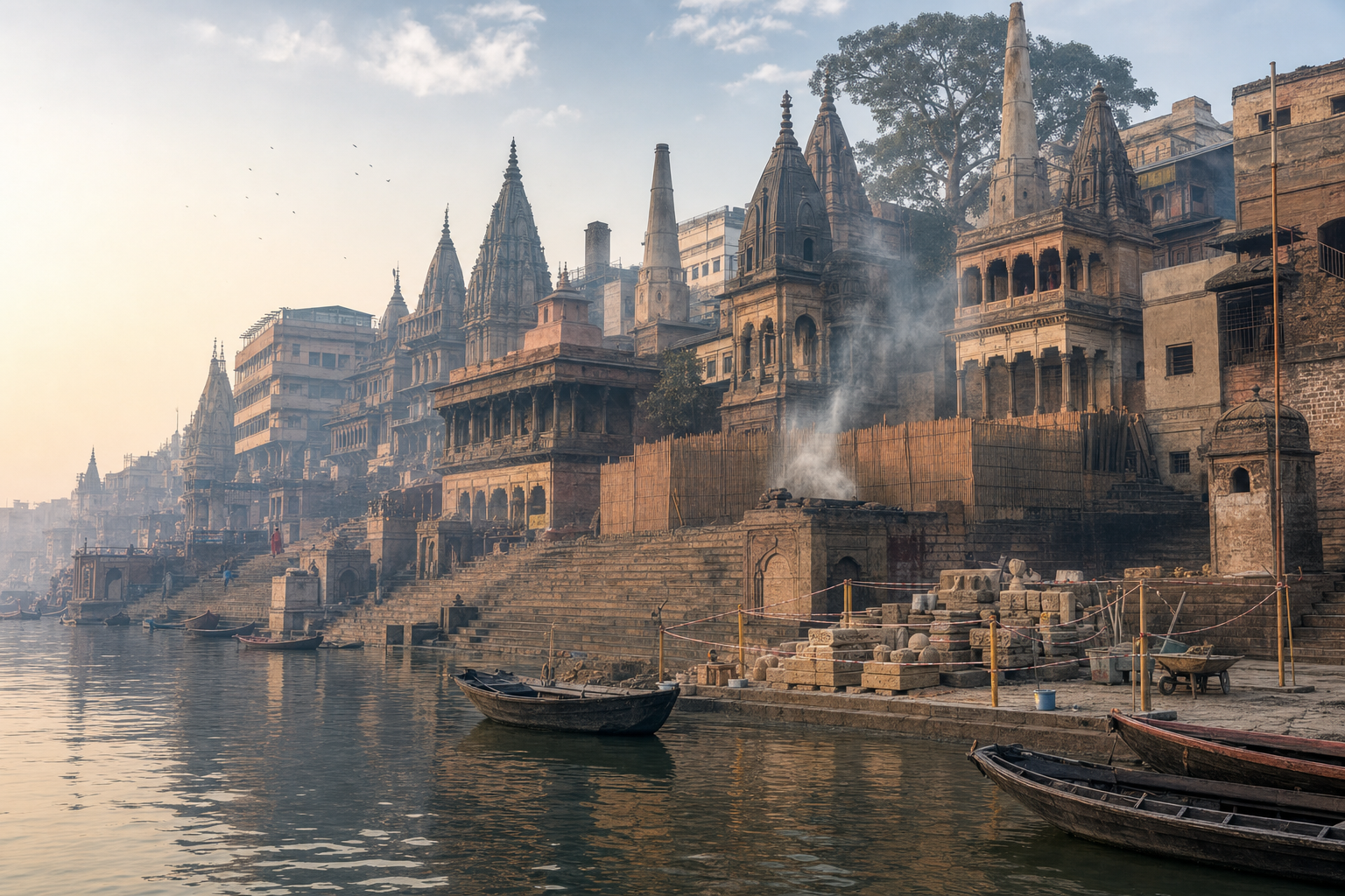 Conceptual dawn view of Manikarnika Ghat with sandstone steps, historic riverside buildings, boats, light smoke, bamboo screens, and stacked stone blocks in a small conservation area.