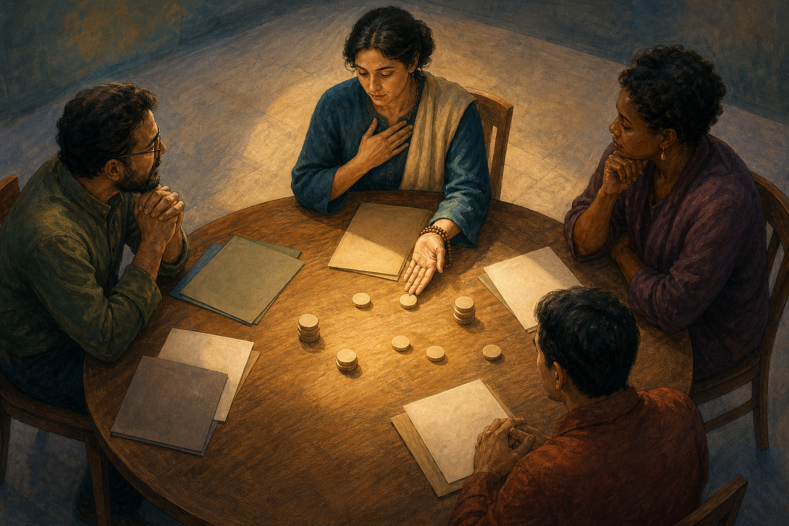 Four people deliberate around a round table as one participant pauses before allocating neutral tokens among plain folders.